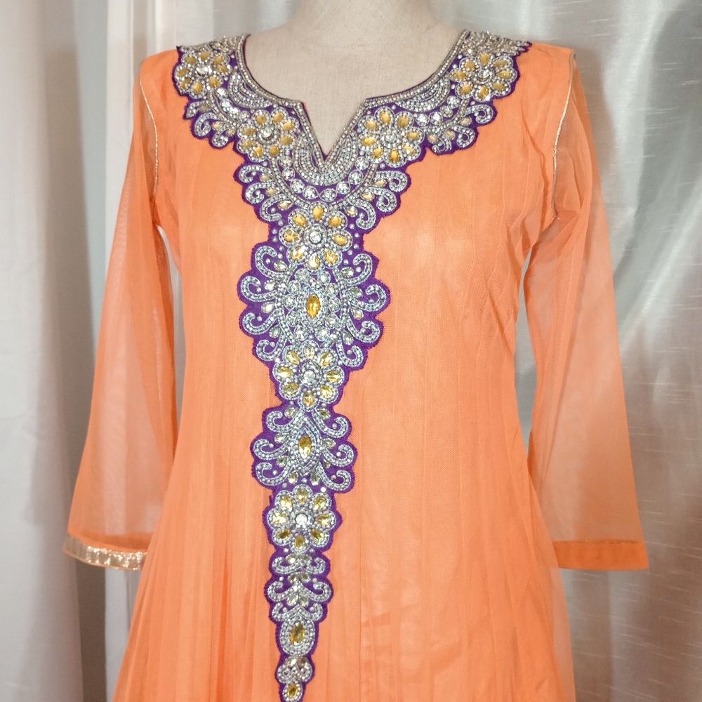 Halloween  Beaded Indian Maxi Dress, Orange, Purple floral, gold satin trim, L - Picture 3 of 12